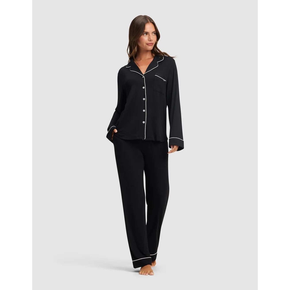 Cozy Earth Pajama Set L Black Bamboo Stretch-Knit Long Sleeve Button Down